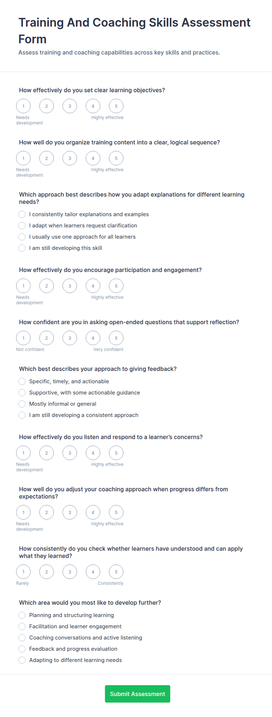 Training and Coaching Skills Assessment Form Template | Jotform