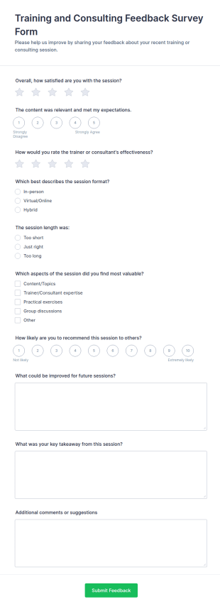 Training And Consulting Feedback Survey Form Template
