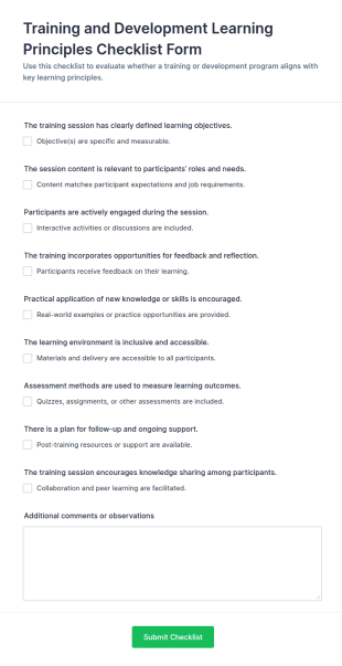 Training And Development Learning Principles Checklist Form Template