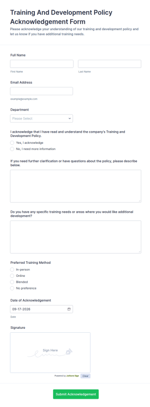 Training And Development Policy Acknowledgement Form Template