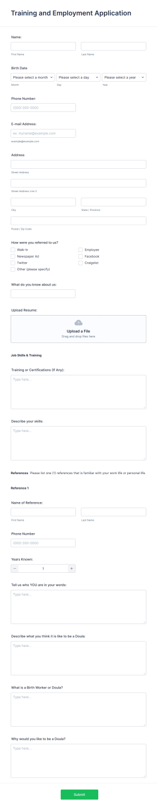 Training And Employment Application Form Template
