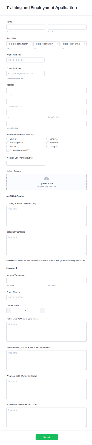 Training And Employment Application Form Template