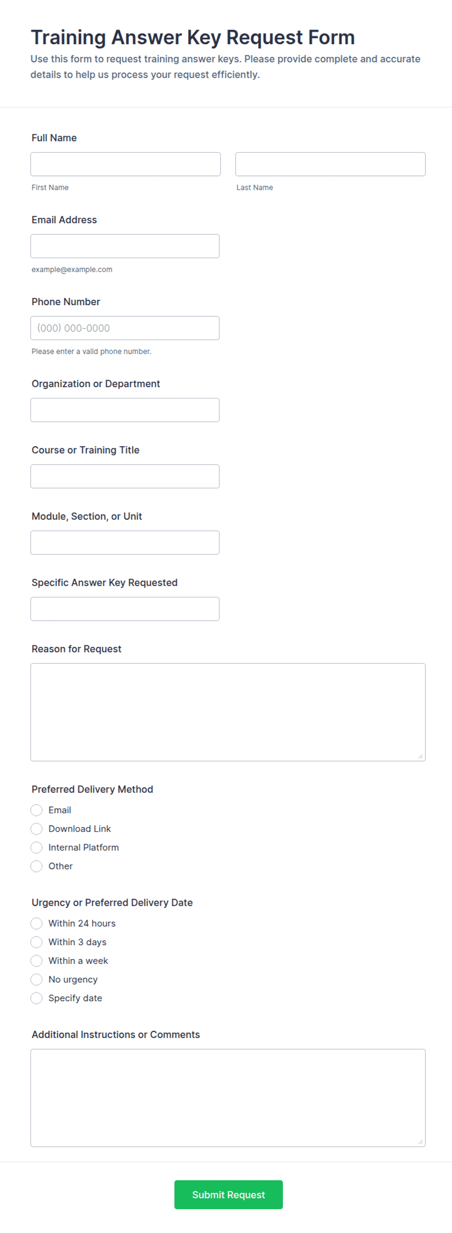 Training Answer Key Request Form Template | Jotform