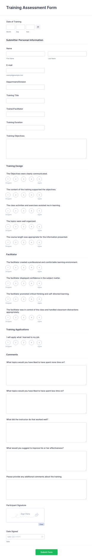 Training Assessment Form Template