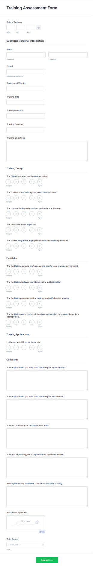 Training Assessment Form Template
