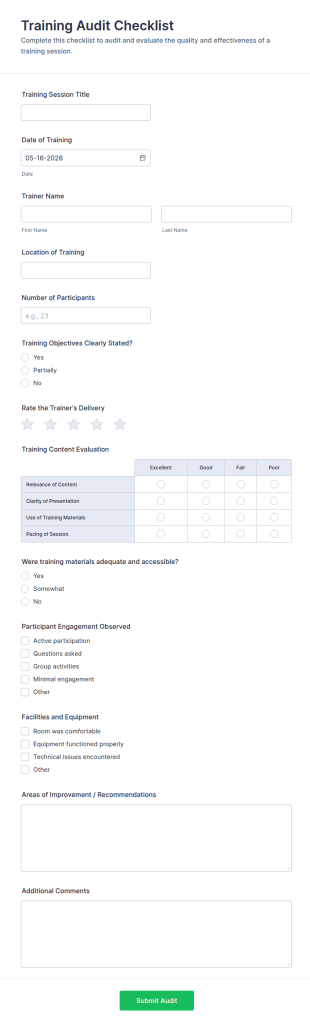Training Audit Checklist Form Template