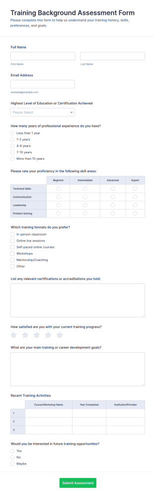 Training Background Assessment Form Template