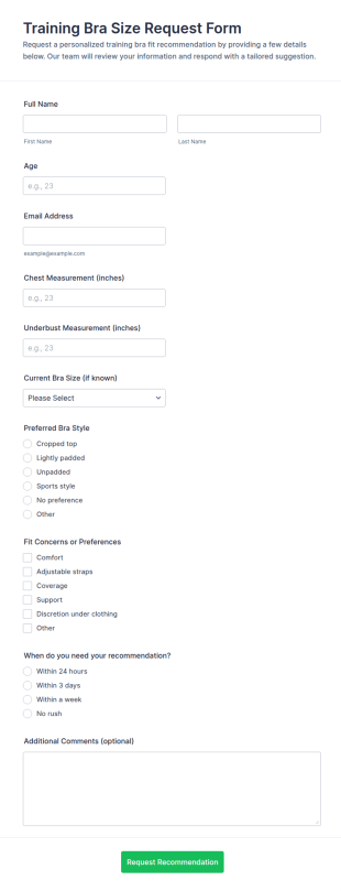 Training Bra Size Request Form Template