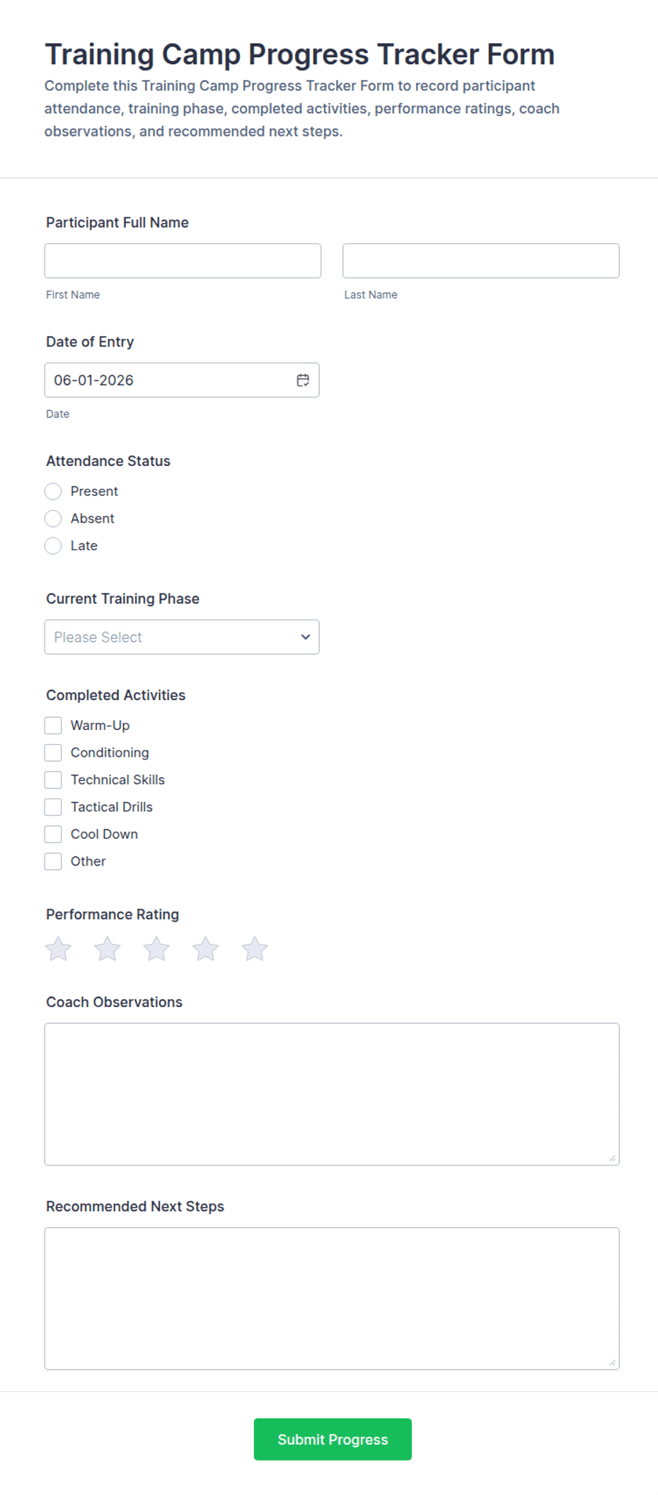 Training Camp Progress Tracker Form Template | Jotform