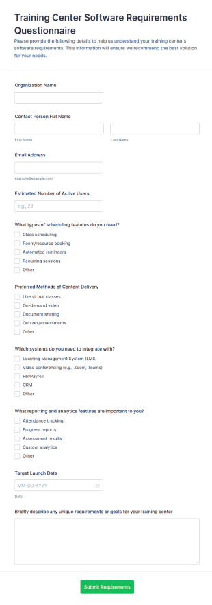 Training Center Software Requirements Questionnaire Form Template