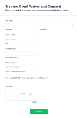Training Client Waiver And Consent Form Form Template