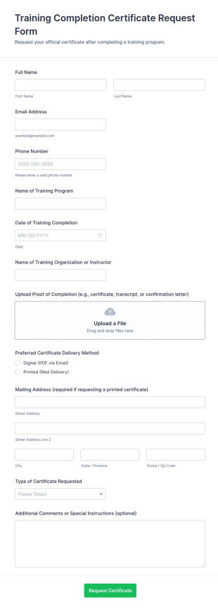 Training Completion Certificate Request Form Template