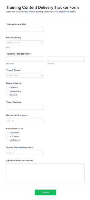 Training Content Delivery Tracker Form Template