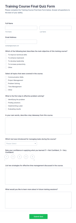 Training Course Final Quiz Form Template