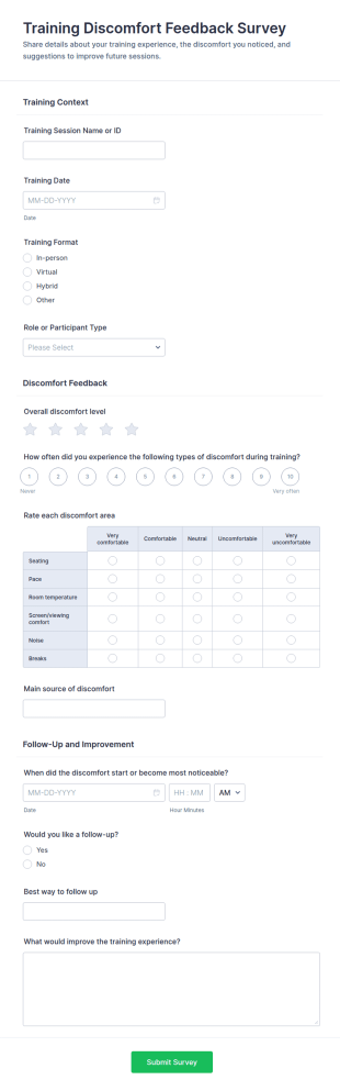 Training Discomfort Feedback Survey Form Template