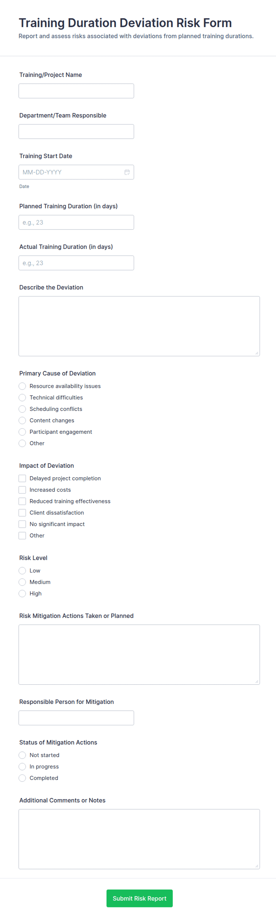 High Risk Training Form Training Duration Deviation Risk Form Template | Jotform