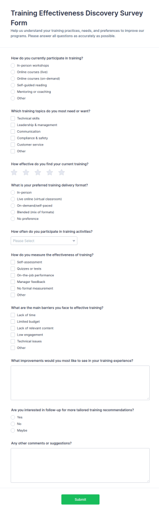 Training Effectiveness Discovery Survey Form Template