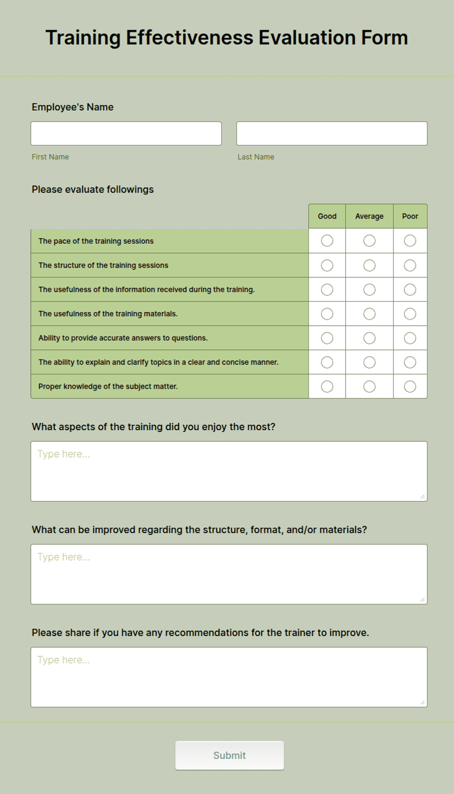 Training Effectiveness Form Example Training Effectiveness Evaluation Form Template | Jotform