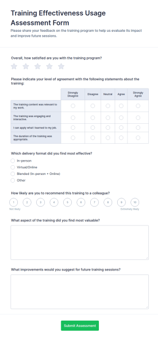 Training Effectiveness Usage Assessment Form Template