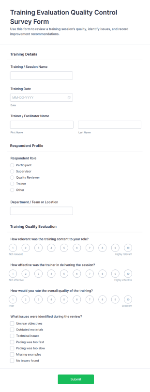 Training Evaluation Quality Control Survey Form Template