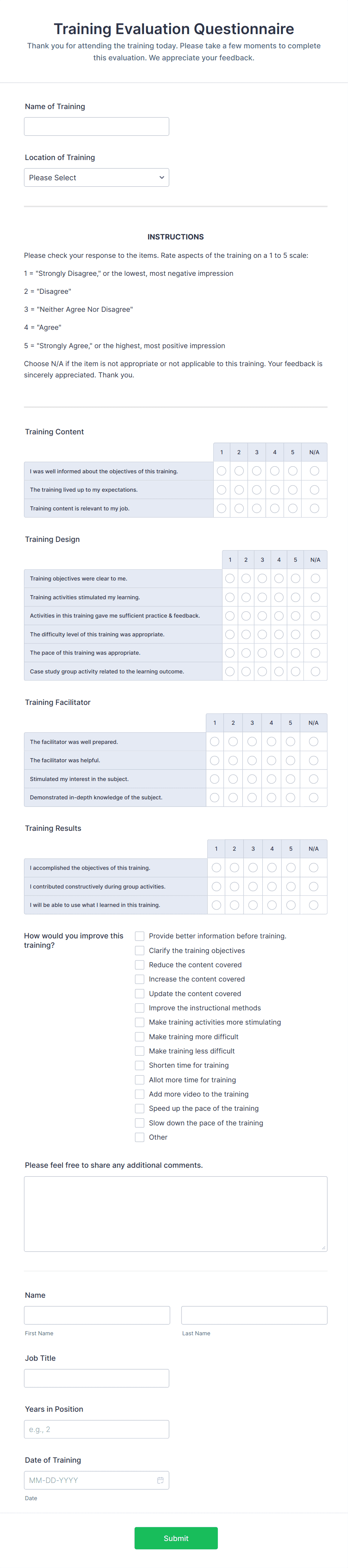 Training Questionnaire Examples Training Evaluation Questionnaire Form Template | Jotform