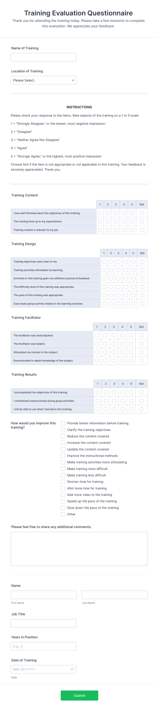 Training Evaluation Questionnaire Form Template