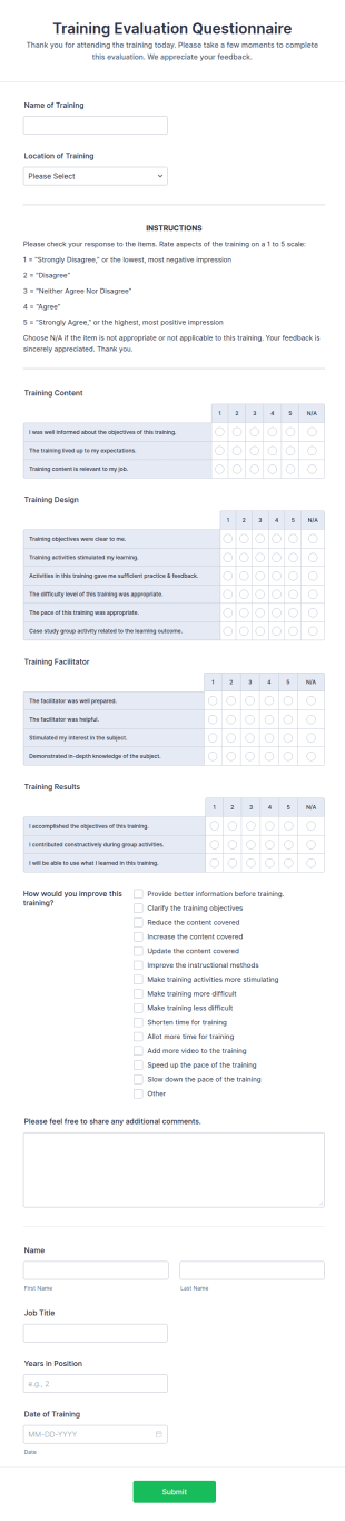 Training Evaluation Questionnaire Form Template