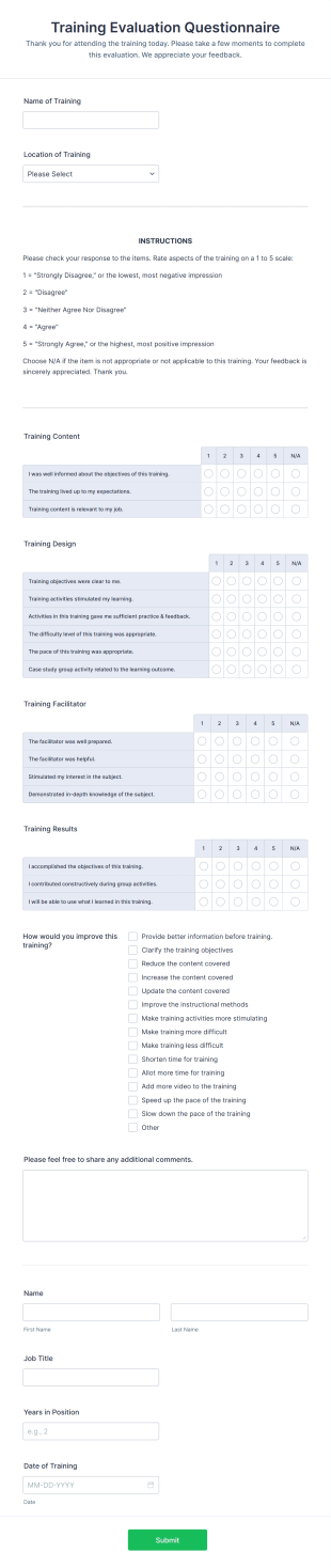 Training Evaluation Questionnaire Form Template