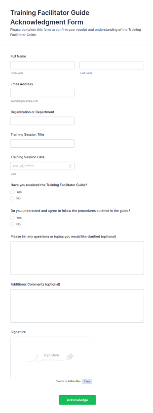 Training Facilitator Guide Acknowledgment Form Template