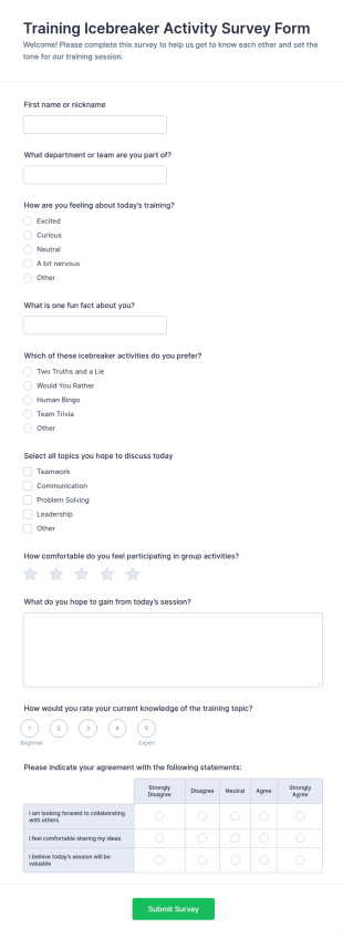 Training Icebreaker Activity Survey Form Template
