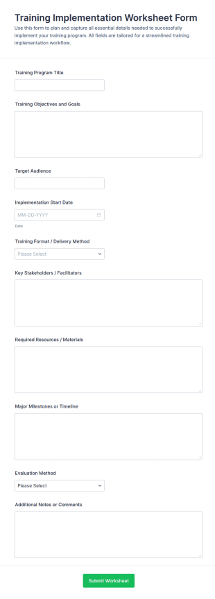 Training Implementation Worksheet Form Template