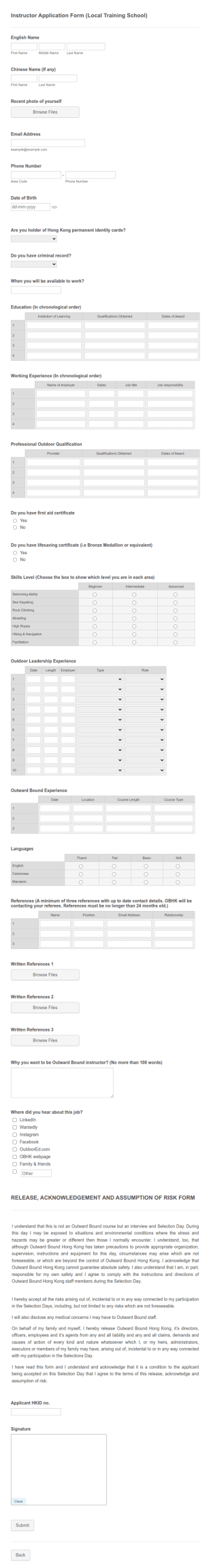 Training Instructor Application Form Template