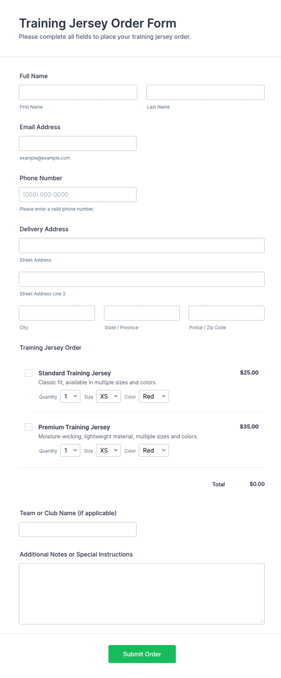 Training Jersey Order Form Template | Jotform