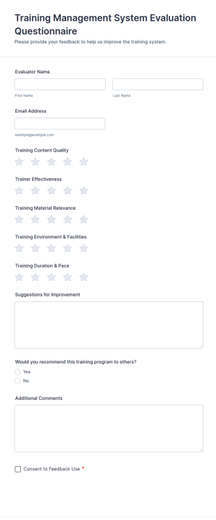 Training Management System Evaluation Questionnaire Form Template