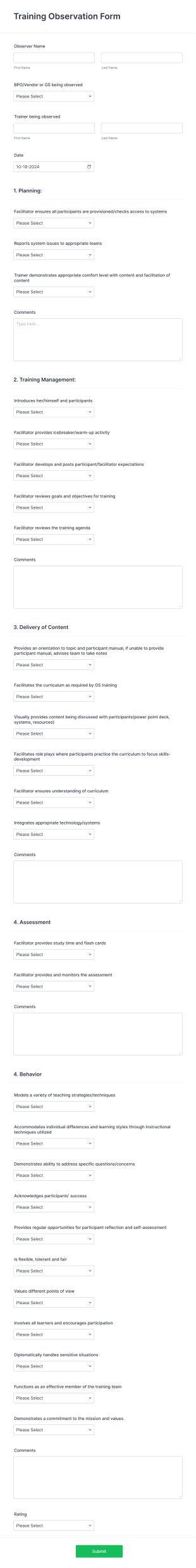 Training Observation Form Template