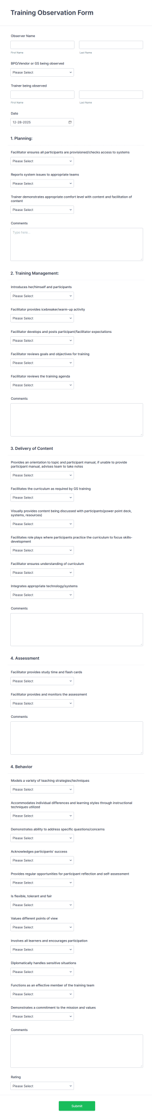 Training Observation Form Template
