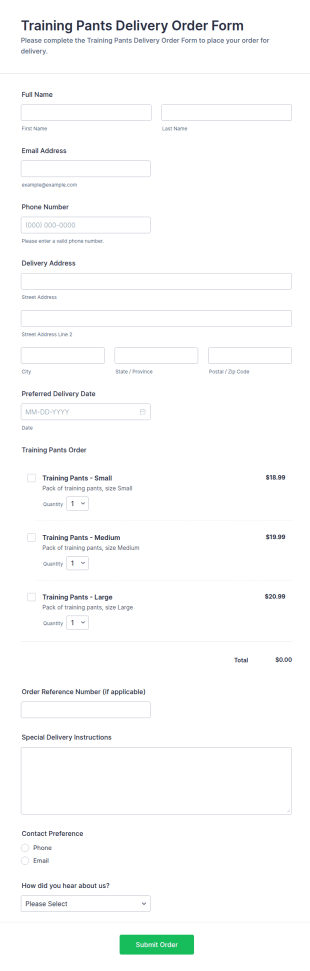 Training Pants Delivery Order Form Template