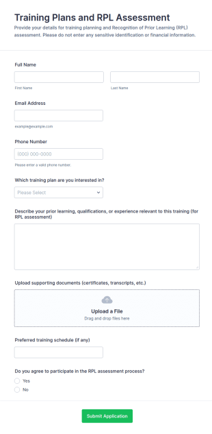 Training Plans And RPL Assessment Form Template