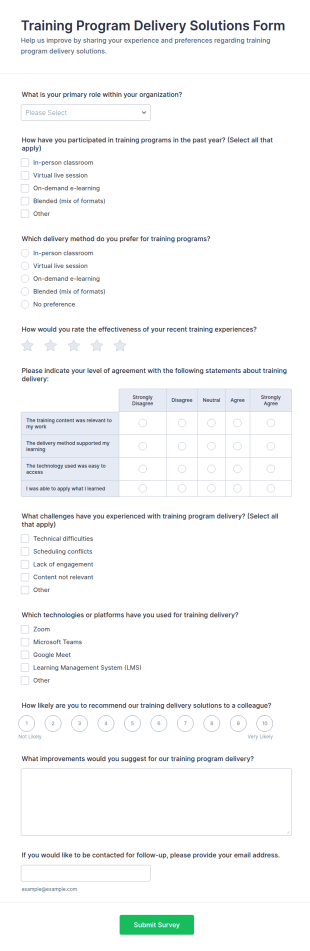 Training Program Delivery Solutions Survey Form Template