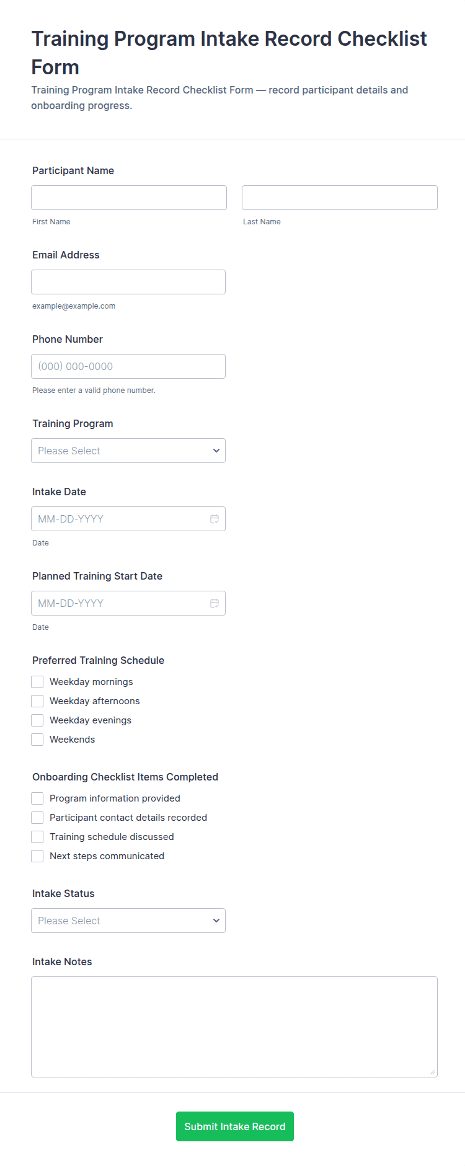 Training Program Intake Record Checklist Form Template | Jotform