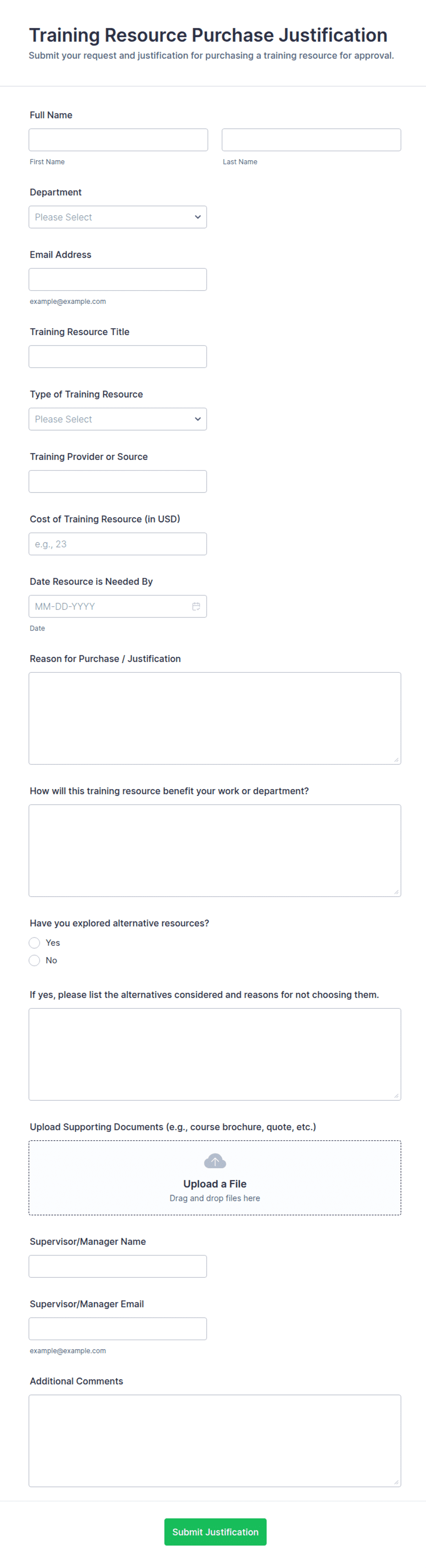 Training Resource Purchase Justification Form Template | Jotform