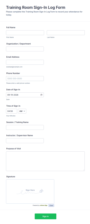 Training Room Sign In Log Form Template