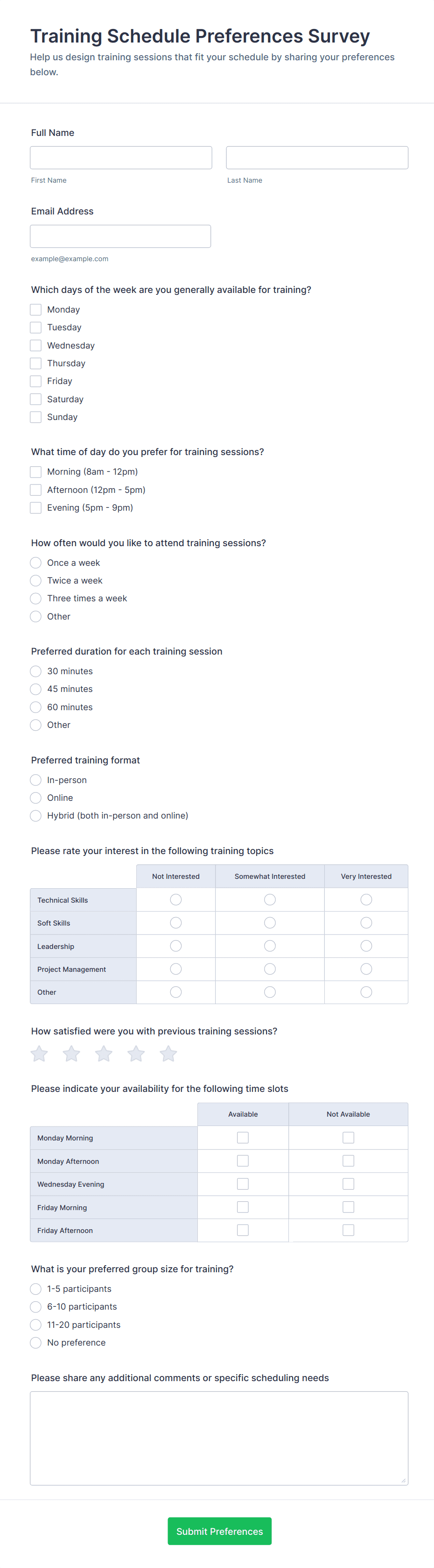 Training Schedule Preferences Survey Form Template | Jotform