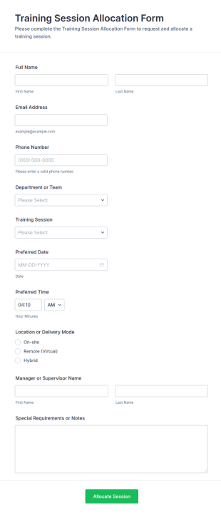 Training Session Allocation Form Template