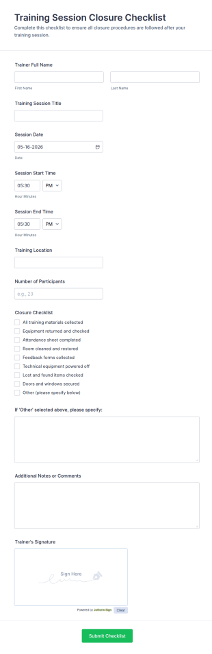 Training Session Closure Checklist Form Template