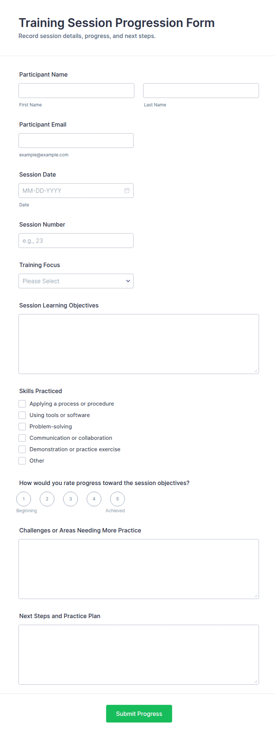 Training Knowledge Form Training Session Progression Form Template | Jotform