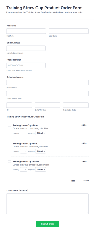 Training Straw Cup Product Order Form Template