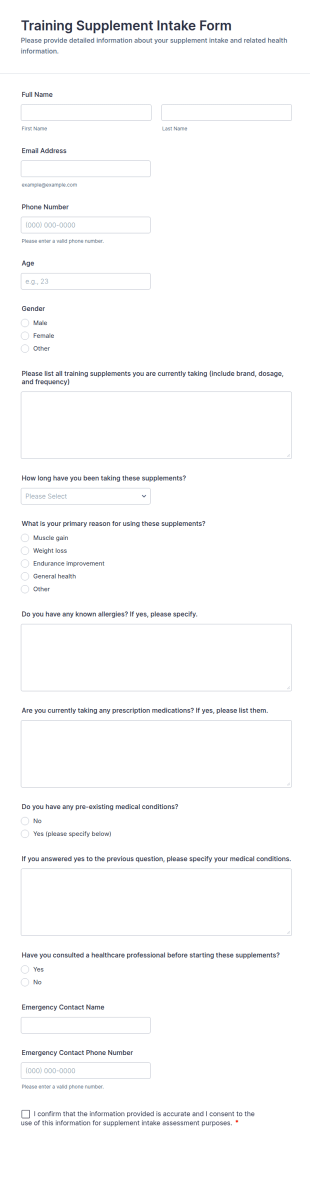 Training Supplement Intake Form Template