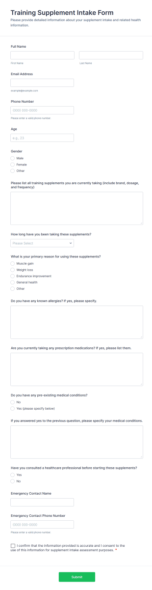 Training Supplement Intake Form Template