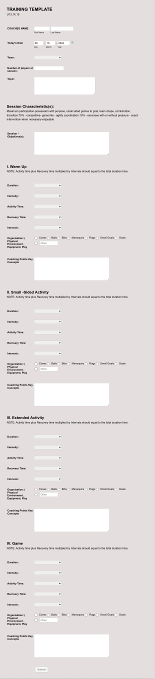 Training Template ( U13 U15 ) Form Template